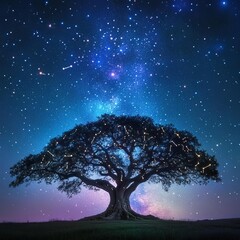 Zodiac constellations forming the outline of a massive, ancient tree under a starry sky