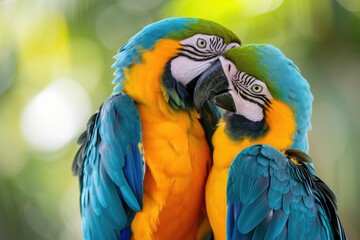 Obraz premium Two colorful long tailed macaw parrots with a nature background