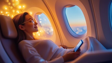 Fototapeta premium woman relaxing in airplane seat, using smartphone, warm cabin lights, travel comfort