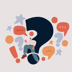 Cartoon vector illustration of a man emerging from a question mark, concept of curiosity and problem-solving