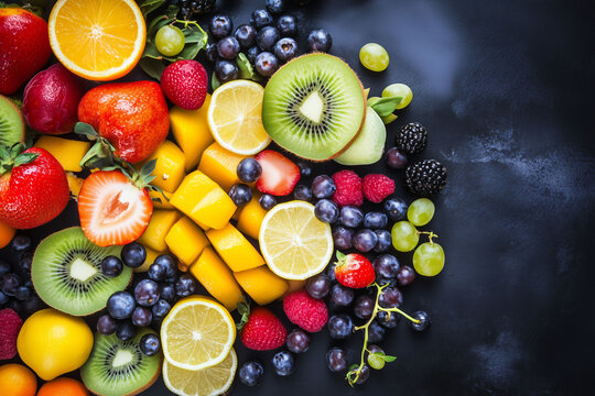 Frisches Obst liegt einladend auf einem Tisch, Fitness und Wellness durch gute Ern&auml;hrung, mehr Energie und Abwehrkr&auml;fte durch Vitamin C, Vitamin Booster durch Fr&uuml;chte