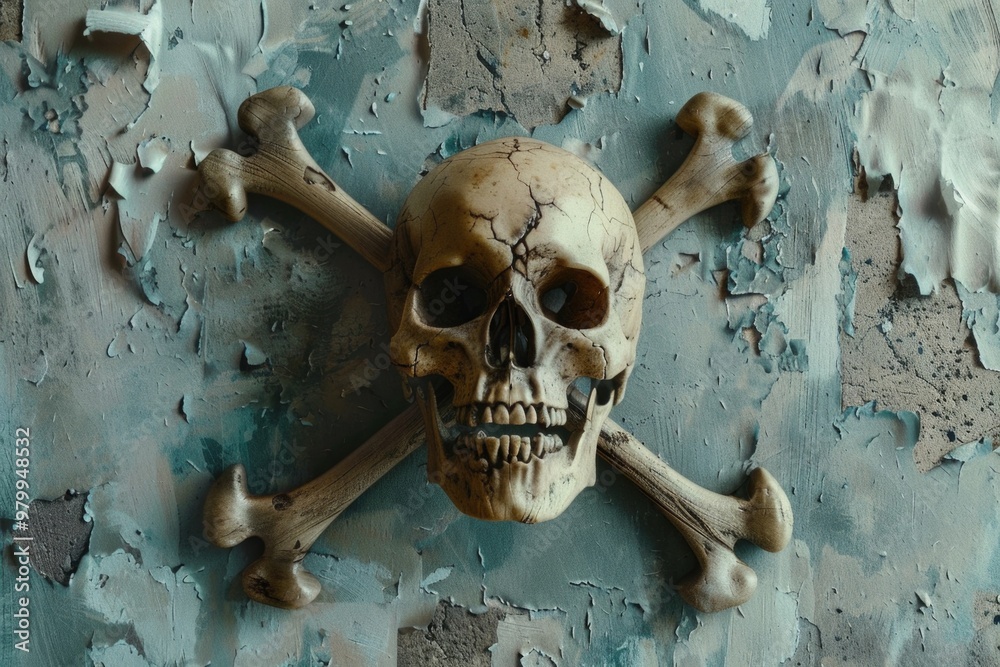 Poster A detailed view of a skull and crossbones symbol on a wall, often used to indicate danger or warning