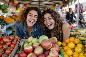 Two women running a fruit stand with a friendly smile