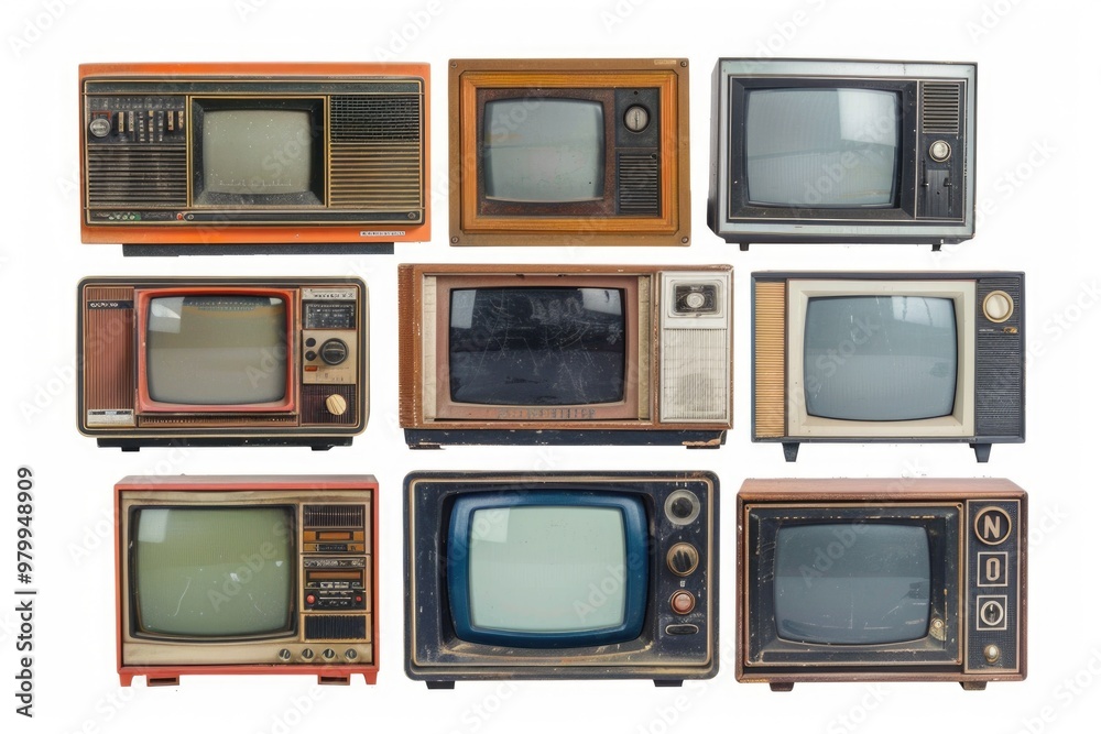 Poster a collection of vintage tvs stacked on top of each other, great for retro-themed designs and nostalg
