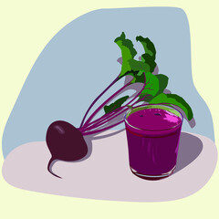 Fresh beetroot with leaves and beetroot juice in a glass