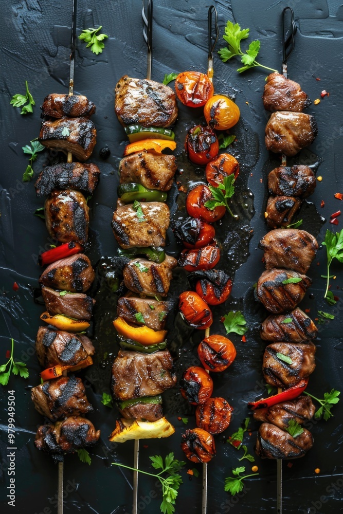 Poster Barbecue or grill-inspired food image featuring multiple meat skewers served on a dark-colored plate