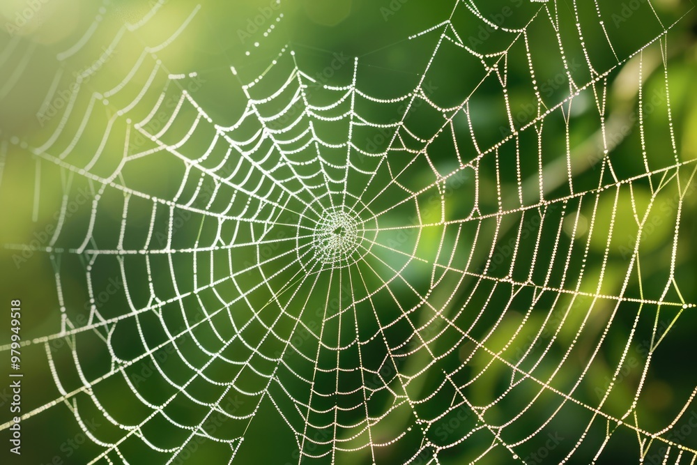 Poster close-up of a spider web covered in dewy water droplets, suitable for use in nature or macro photogr