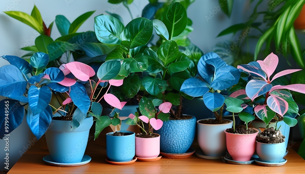 Wall mural vibrant houseplant with striking blue and pink leaves in a decorative pot