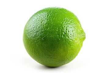 A single lime sitting on a clean white surface with small water droplets