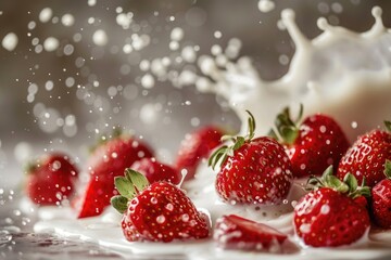 Fresh strawberries pouring into a bowl of cold milk, great for breakfast or snack