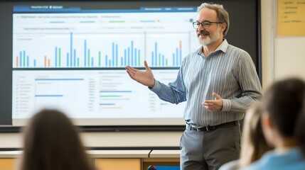 Economy lesson. Experienced professor delivering lecture to classroom of attentive students, using data charts and graphs projected on screen to illustrate key points