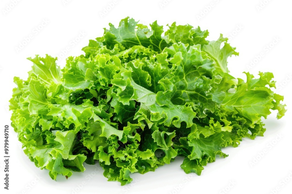 Poster a fresh green lettuce pile on a clean white surface, ready for use in salads or as a garnish