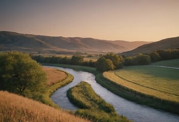 Fototapeta premium A tranquil river flows through a valley with majestic mountains