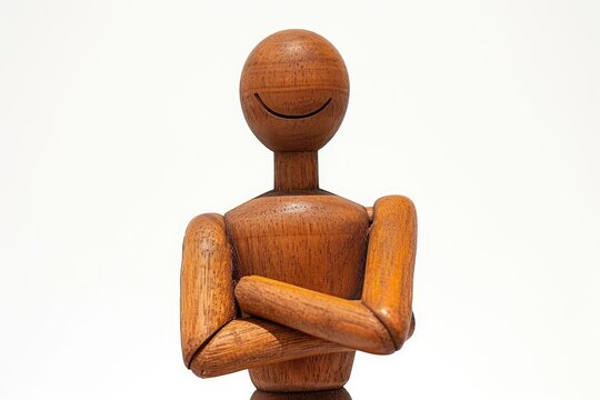 Wooden figure with crossed arms and smile isolated on white