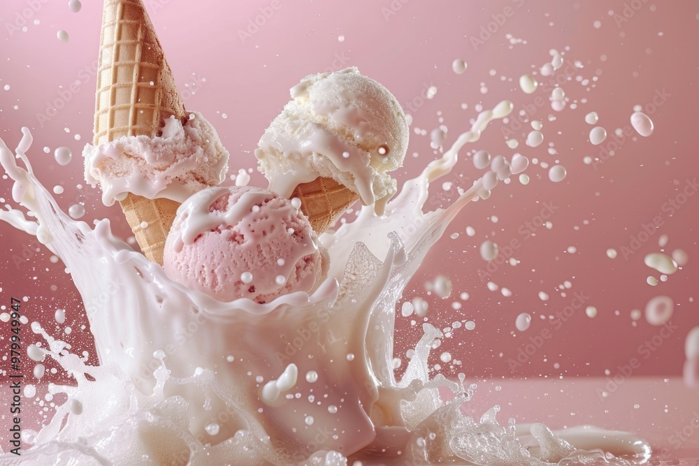 Poster A close-up shot of three scoops of colorful ice cream floating in a splash of cold milk
