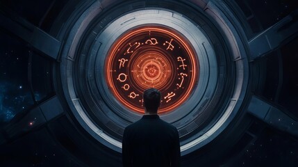 Zodiac signs portrayed as digital holograms in a futuristic cosmic observatory