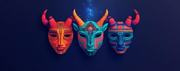 Zodiac signs represented as tribal masks under a cosmic light, blending cultures with astrology