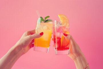 Two hands holding two glasses filled with beverages