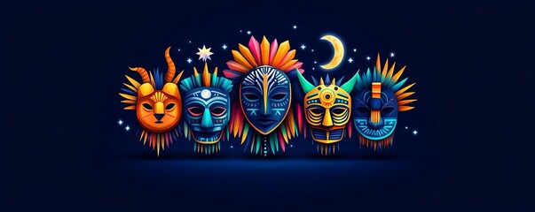 Zodiac symbols as tribal masks, illuminated by moonlight, with starlight accents