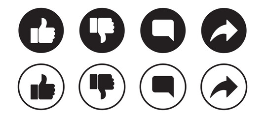 Like, love, heart, thumb up, repost, comment, share, save, stories user button sign in circle and speech bubble shapes, emoji post reactions, set social media notification functional icons – vector