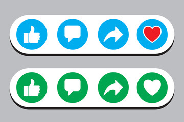 Facebook Like, Comment, Share icons. Thumbs up, dislike button round set