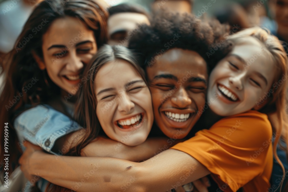 Poster Group of friends embracing each other, showing unity and affection