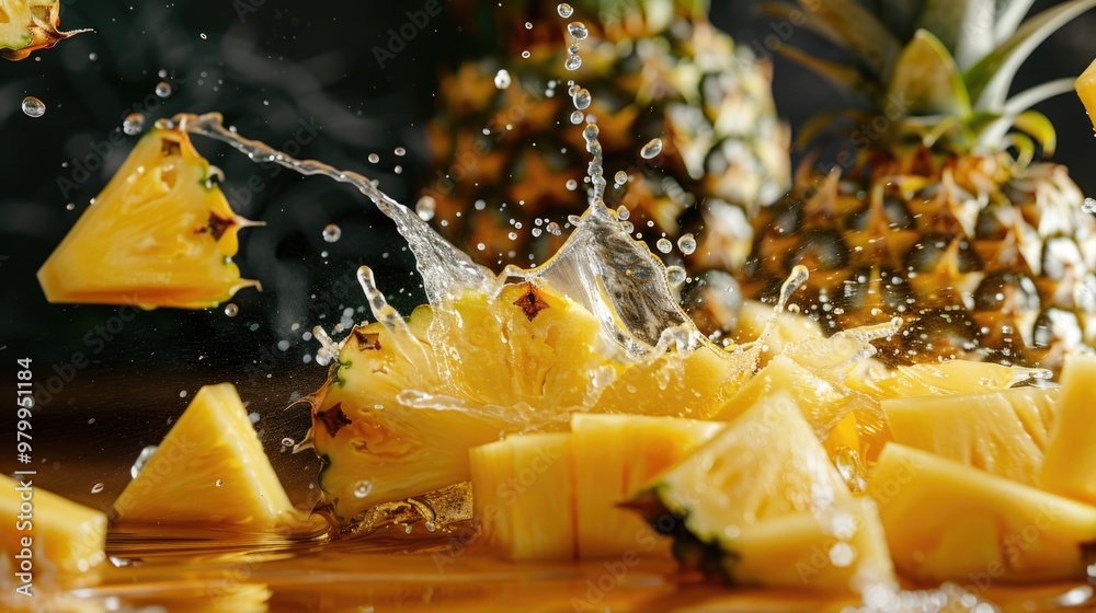 Poster a bunch of fresh pineapples surrounded by water, creating a refreshing and juicy scene