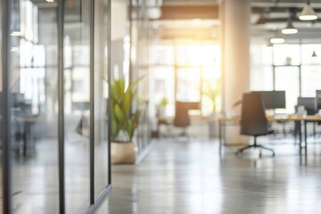 A cubicle with a black chair and a computer monitor, generative ai image