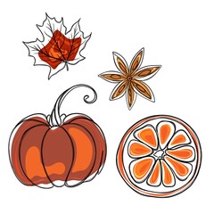 Large set of autumn stickers. Template for printing on t-shirts. Freehand sketch of autumn elements