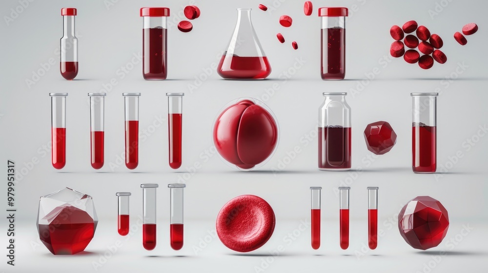 Poster a set of laboratory glassware containing a bright red liquid, useful for various science and researc