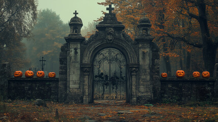 Ancient stone gate to creepy cemetery or abandonded castle, mystical autumn. Mysterious entrance with halloween pumpkins. Background for halloween greeting card, poster, halloween invitation card. Jac