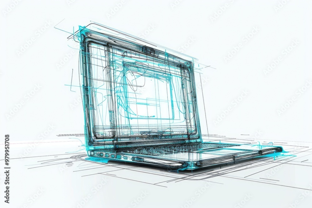 Poster a person's workspace with a laptop on a table