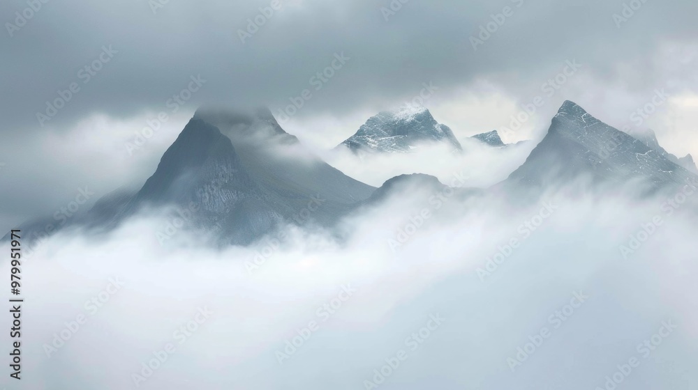 Poster Aerial view of a plane flying above a mountainous region covered in clouds