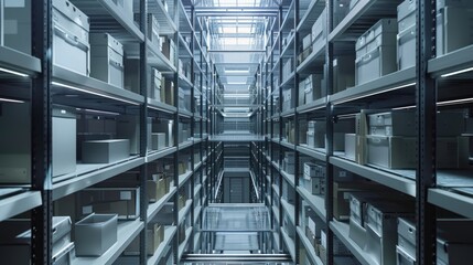 Fototapeta premium A cluttered storage room filled with shelves and boxes, perfect for archival or organizational needs