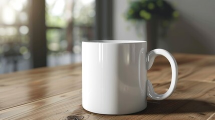 Fototapeta premium A single white coffee mug placed on a wooden table, perfect for morning coffee or tea
