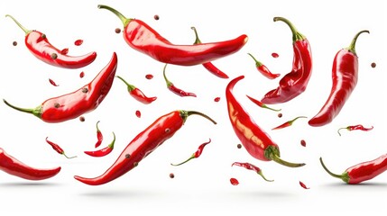 Red hot peppers suspended in mid-air, surrounded by a blurred background