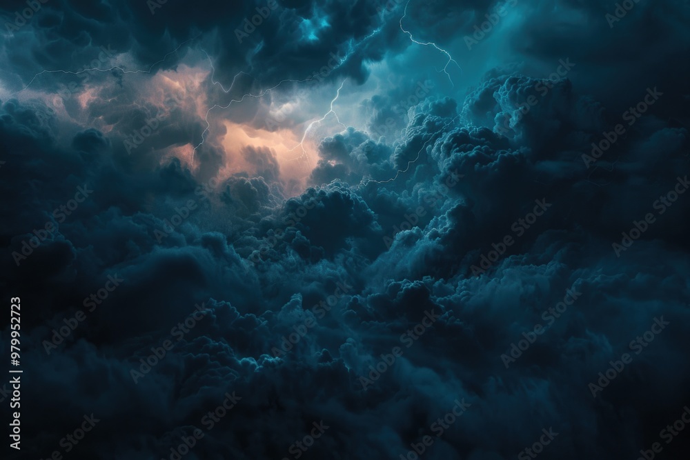 Poster clouds and lightning illuminated by a stormy sky, perfect for weather or atmospheric scenes