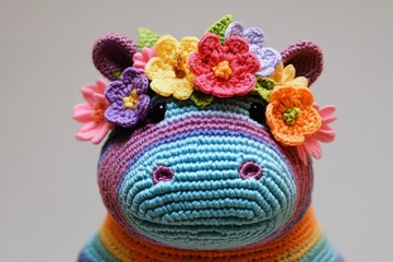 Fototapeta premium A Colorful Crochet Hippo Wearing Flowers