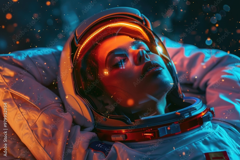 Poster astronaut lying on surface with space suit on, possibly injured or resting