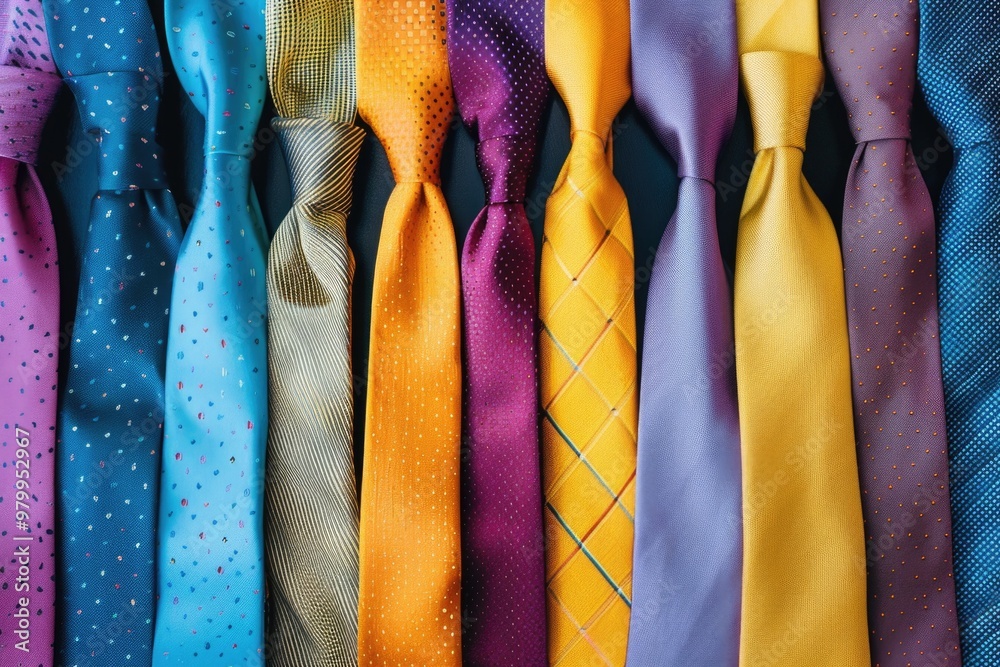 Poster a collection of colorful ties displayed on a wall, ideal for use in corporate or personal settings