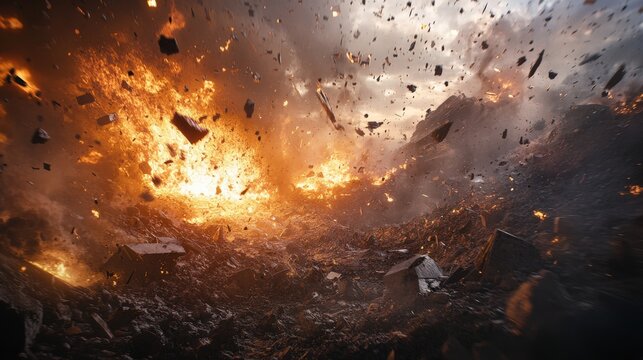 Flames erupt violently from the center of a warzone as debris fills the air, creating chaos and destruction against a backdrop of smoke and dark clouds overhead