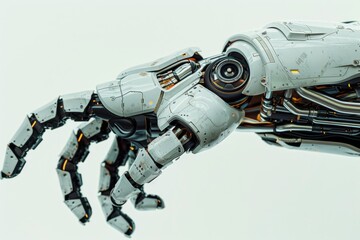 A close-up view of a robot's arm with metallic skin and mechanical details