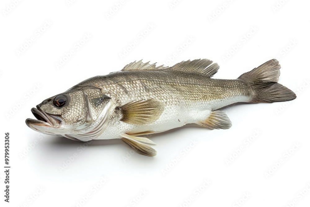 Poster a single fish resting on a white background