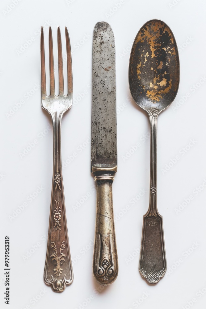Poster a collection of silverware sits on a white table, suitable for use in food photography or as a decor