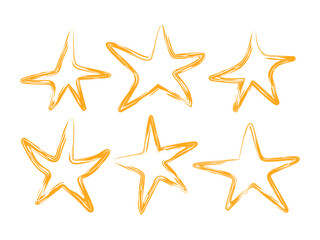 Yellow brush paint Outline Star set. Abstract Doodle gold stars. Freehand Sketch simple art. Childish Drawing doodles. Grunge texture. Vector illustration