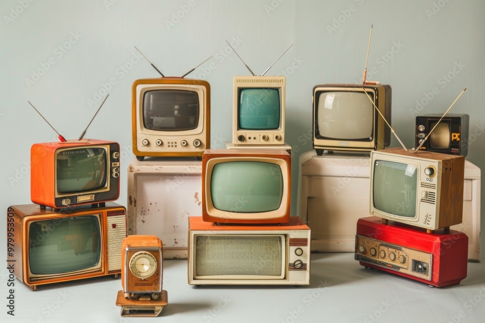 Poster a collection of old television sets stacked on top of each other, great for nostalgic or retro-theme