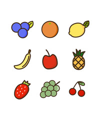9 Fruits set. Apple, orange, lemon, banana, pineapple, blueberry, strawberry, grape, cherry. Healthcare, natural, fresh, lifestyle concepts. Flat vector design isolated illustration.