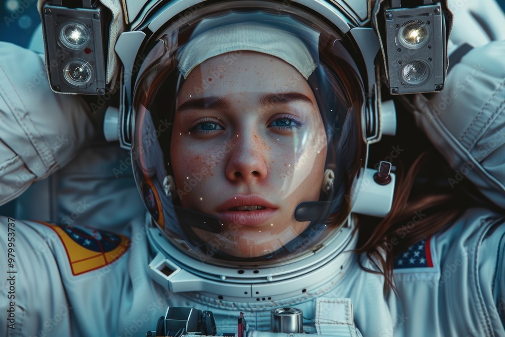 Poster a close-up view of a person wearing a space suit, suitable for sci-fi or futuristic themes