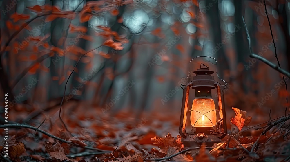 Canvas Prints A vintage lantern glowing in an autumn forest