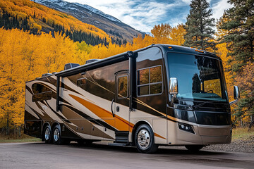 Luxury motorhome with high-end amenities parked in a scenic location